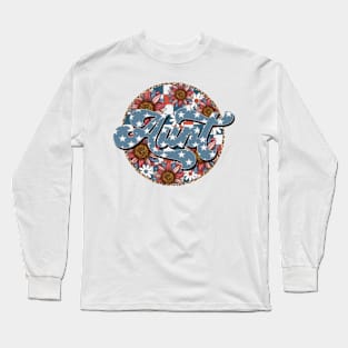 Retro Groovy Sunflower Aunt American 4th Of July Mom Womens Long Sleeve T-Shirt